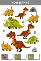 Education game for children searching and counting activity for preschool how many cartoon prehistoric dinosaur carnotaurus triceratops xenoceratops vector