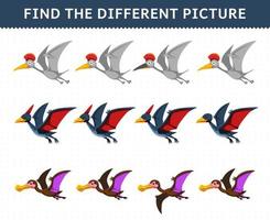 Education game for children find the different picture in each row cartoon prehistoric flying dinosaur pteranodon hatzegopteryx vector