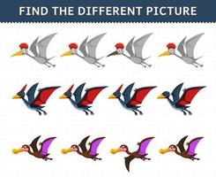 juego educativo para niños encuentra la imagen diferente en cada fila dibujos animados dinosaurio volador prehistórico pteranodon hatzegopteryx vector