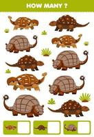 juego educativo para niños buscando y contando actividad para preescolar cuántos dibujos animados prehistórico dinosaurio de piel dura ankylosaurus doedicurus nodosaurus vector