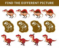 Education game for children find the different picture in each row cartoon prehistoric dinosaur spinosaurus fossil tyrannosaurus vector