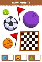 juego educativo para niños buscando y contando cuántos objetos como forma geométrica cuadrado círculo triángulo dibujos animados cesta bolos tenis pelota de fútbol tablero de ajedrez bandera vector