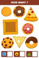 juego educativo para niños buscando y contando cuántos objetos como forma geométrica cuadrado círculo triángulo dibujos animados galleta galleta queso pizza donut caja de madera vector