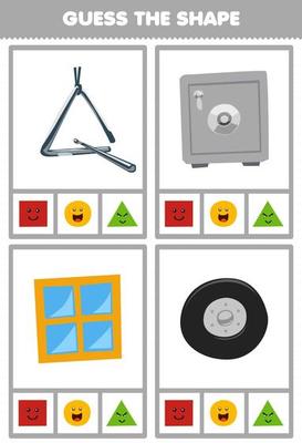 Education game for children guess the shape geometric figures and objects square safe box window circle tire wheel triangle worksheet