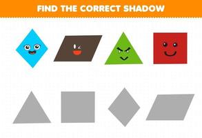 Education game for children find the correct shadow set of cute cartoon geometric shape rhombus parallelogram triangle square vector