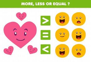 Education game for children more less or equal count the amount of cute cartoon geometric shape heart and circle vector