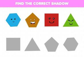 Education game for children find the correct shadow set of cute cartoon geometric shape hexagon pentagon square triangle vector