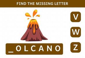 juego educativo para niños encontrar hoja de trabajo de volcán prehistórico de dibujos animados de letras faltantes vector