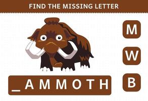 juego educativo para niños encontrar hoja de trabajo de mamut prehistórico de dibujos animados de letras faltantes