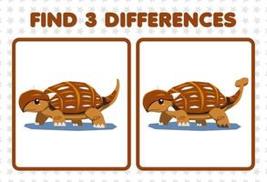 Education game for children find three differences between two cute prehistoric dinosaur ankylosaurus vector