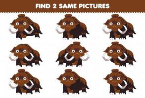 juego educativo para niños encuentra dos imágenes iguales mamut prehistórico de dibujos animados lindo