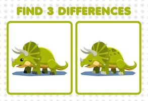 Education game for children find three differences between two cute prehistoric dinosaur triceratops vector