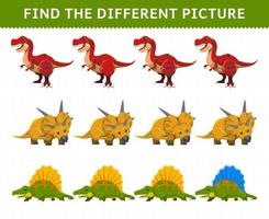 Education game for children find the different picture in each row cartoon prehistoric dinosaur dimetrodon tyrannosaurus xenoceratops vector