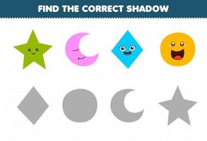 Education game for children find the correct shadow set of cute cartoon geometric shape star crescent rhombus circle vector