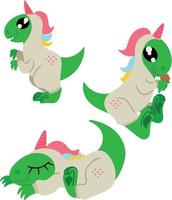 conjunto de lindos dinosaurios en unicornio kigurumi. dinosaurio que se queda ahí parado comiendo muffin y durmiendo uno. Imagen aislada sobre fondo blanco. ilustración vectorial elemento de diseño vector