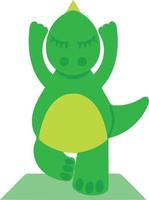 Cute green dinosaur doing yoga. Image isolated on white background. Dinosaur stands in asana pose on yoga mat. Vector graphics. Design element