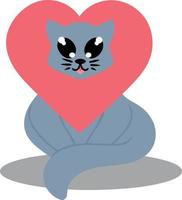 Cute gray cat with pink heart on his head. Vector illustration. Image isolated on white background. Design element for printing on notepads posters fabrics for menu websites decoration