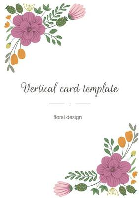 Vector card border template with floral corner elements. Design with flowers for stationery, letter, invitation, greeting. Vertical frame with decorated corners.
