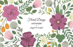 Vector card template with floral elements. Design with flowers for stationery, letter, invitation, greeting. Horizontal frame with beautiful tapestry like spring or summer background.