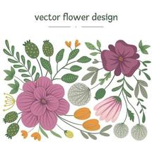 Vector floral design. Flat trendy illustration with flowers, leaves, branches. Meadow, woodland, forest clip art. Flat trendy background