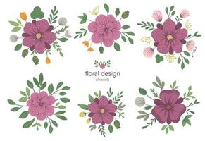 Set of vector floral round decorative elements. Flat trendy illustration with flowers, leaves, branches. Meadow, woodland, forest clip art collection. Beautiful spring or summer bouquet