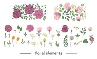 Vector floral clip art set with seamless border brushes. Flat trendy illustration with flowers, leaves, branches. Meadow, woodland, forest elements isolated on white background.