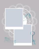 Photobook Collage frame, lace, key, stamp. vector