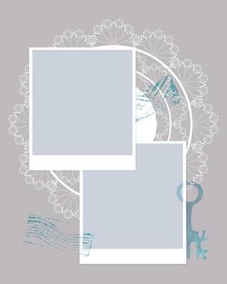 Photobook Collage frame, lace, key, stamp.