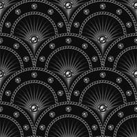 patrón negro gris transparente con rejilla en forma de abanico, cadenas plateadas, bolas, rayos delgados dentro de la celda de la rejilla. fondo de lujo clásico. vector