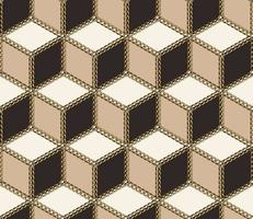 Seamless isometric classic cube pattern with golden chains and beads. White, beige, brown colors. vector