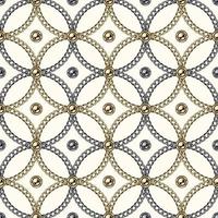 Seamless geometric chain pattern with gold ball beads, intricate overlapping circles on white background. Stainless steel and gold chains. vector