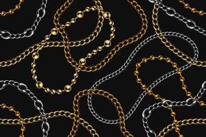 Seamless pattern with various shiny metal chains in mess on black background. Golden, silver, black steel colors. Vector illustration for print, fabric, textile.