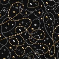 Seamless pattern with shiny metal chains and beads in mess on black background. Golden, silver, black steel colors. Vector illustration for print, fabric, textile.