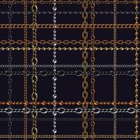 Chains tartan seamless pattern with shiny metal chains on a black background. Golden, silver, black steel colors. Vector fashion illustration for print, fabric, textile.