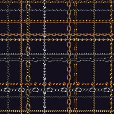 Chains tartan seamless pattern with shiny metal chains on a black background. Golden, silver, black steel colors. Vector fashion illustration for print, fabric, textile.