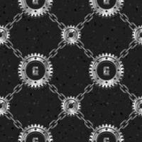 Seamless staggered geometric pattern with diagonal grid with silver steel gears. Dark textured background. Steampunk style. vector