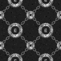 Seamless staggered geometric pattern with diagonal grid with silver steel gears. Dark textured background. Steampunk style. vector