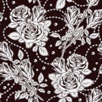 Seamless monochrome pattern with lush blooming vintage roses with leaves, stems and metal ball chains. Vector illustration white on black. Engraving style