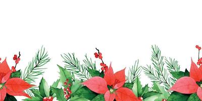 watercolor seamless border on the theme of winter, christmas, new year. poinsettia, red berries and green leaves of holly spruce branches and cones. vintage traditional print vector