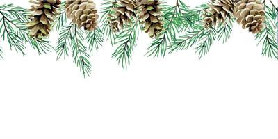 watercolor drawing. seamless border, frame with Christmas plants. spruce entrances, fir-trees. cone. vintage print, pattern for new year, christmas. vector