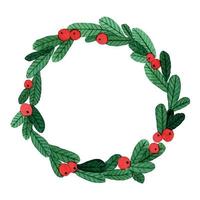 Christmas wreath. simple watercolor drawing, wreath of green spruce branches and red berries. symbol of new year, christmas vector