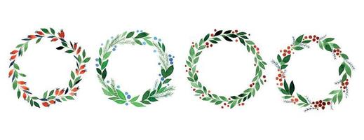 watercolor drawing, set of Christmas wreaths. New Year's festive wreaths, round frames of green and red color from leaves and coniferous branches with red berries. christmas clip-art for greeting vector