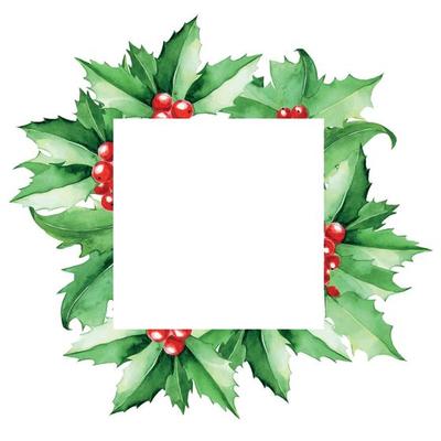 watercolor square frame, border with holly leaves and berries. green leaves of holly on a white background. christmas card, decoration for the holidays new year, christmas