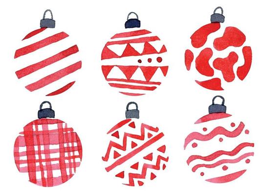 watercolor drawing set with Christmas tree toys, balls. balls of red color with a simple ornament. abstract holiday decorations new year, christmas