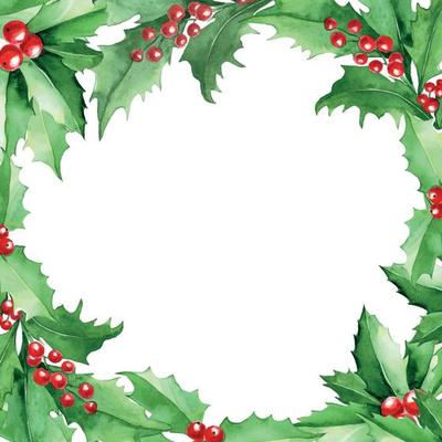 watercolor frame with festive holly leaves. square frame with green holly leaves and red berries, inscription merry christmas. christmas card