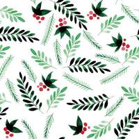 simple watercolor pattern for christmas, new year. cute green leaves and berries isolated on white background. vector