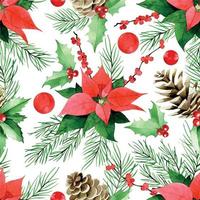 watercolor seamless pattern on the theme of Christmas, New Year. vintage print with fir branches, poinsettia, pine cones on a white background vector