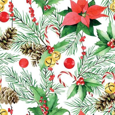 watercolor seamless pattern on the theme of Christmas, New Year. vintage print with fir branches, poinzeta, pine cones, sweets on a white background