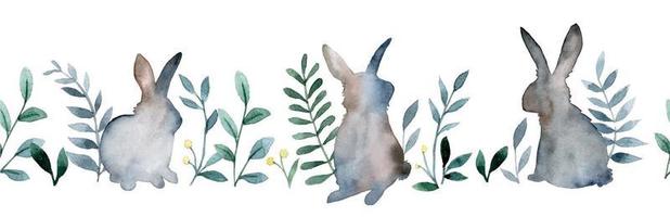 watercolor drawing. seamless border with easter hares and plants. print on the theme of spring, Easter, with abstract rabbits, branches and leaves of plants. vector