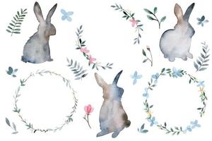 watercolor drawing. set of elements on the theme of Easter, spring. hares, rabbits wreaths of flowers and leaves. minimalistic scandinavian style. animal outline with watercolor stain vector